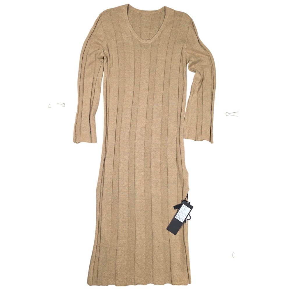T-yeah Ribbed Knit Linen Cotton Scoop Neck Midi Dress L Tan‎ NEW Coastal Boho
